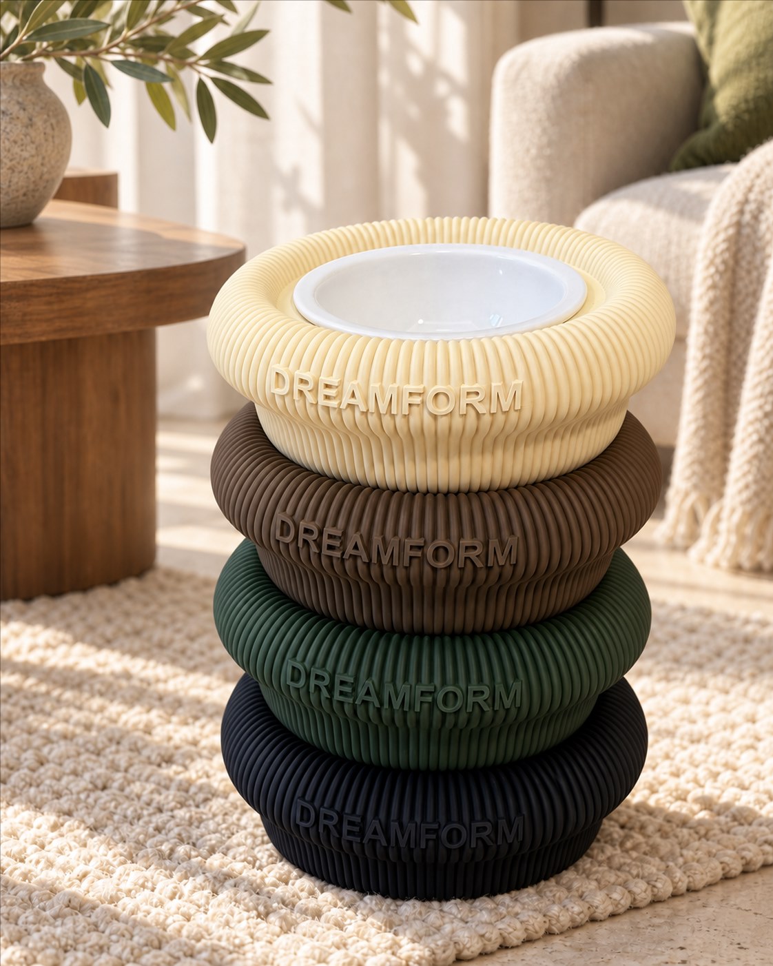 Four stacked Dreamform bowls in Buttercream, Cocoa, Forest and Onyx